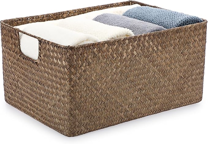 Hipiwe Wicker Storage Baskets Bin for Shelf Rectangular Seagrass Basket | Handwoven Opened Baskets Bin with Handle, Decorative Basket Box for Closet Bedroom Organizer by Hipiwe