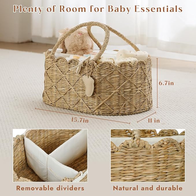 YANGQIHOME Diaper Caddy Organizer, Seagrass Nursery Baby Basket for Baby Essentials, Scalloped Wicker Diaper Caddy, Baby Shower Gifts (Diamond) - Image 2