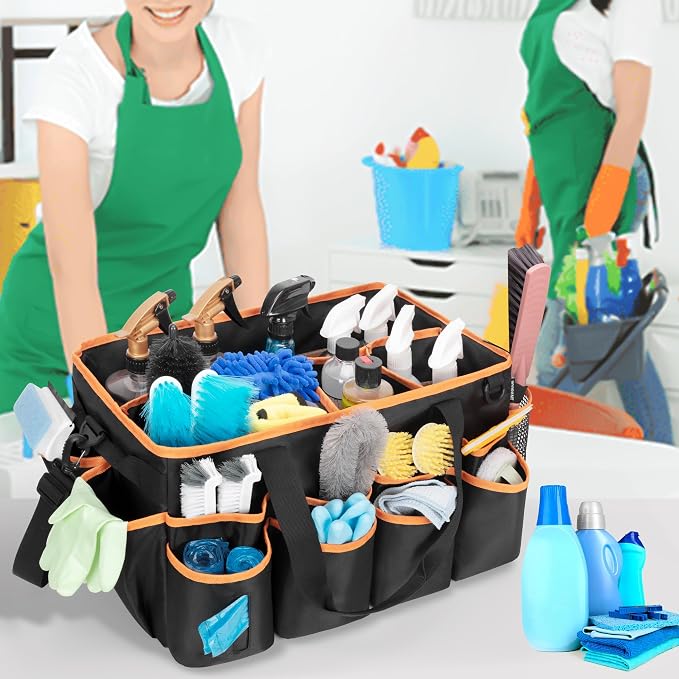 HODRANT Extra-large Wearable Cleaning Caddy with Pad, Handle & Divider | Cleaning Organizer Bag for Clean Products, Housekeeper Tote Car Wash Tools Bag for Detailing Supplies, Bag Only, Orange Edge - Image 7