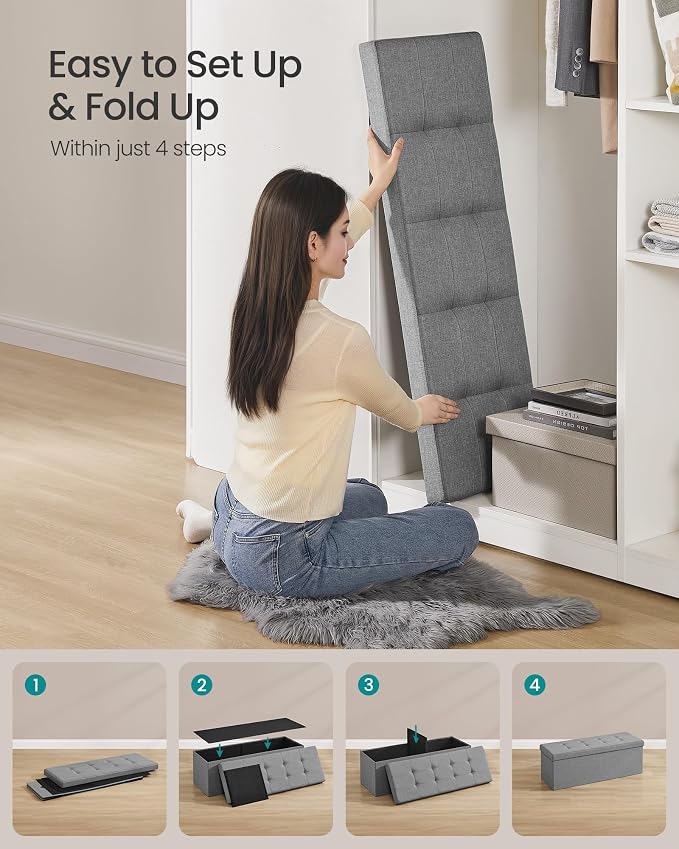SONGMICS MAZIE Collection - 43 Inches Folding Storage Ottoman Bench, Ottoman Foot Rest, End of Bed Bench, Storage Chest, Load 660 lb, for Living Room, Bedroom, Entryway, Light Gray ULSF77G - Image 7