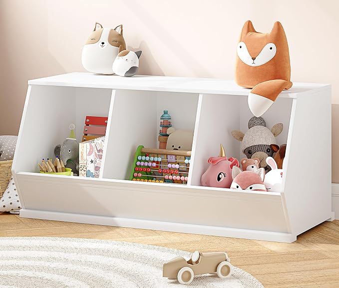 UTEX Stackable Kids Toy Storage Cabinet, Toy Organizer Bin, Cubby Toy Shelf | DIY Play Space, Slanted Front Panel, Toddler Toy Storage, Playroom, Toy Room, Living Room, Nursery, Gift, White, 3 Cubby by UTEX