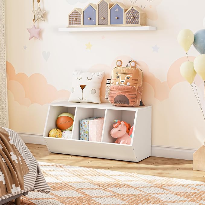 HOOBRO Toy Storage Cubby, Kids Bookshelf, Stackable 3-Bin Toy Storage Cabinet, Bookcase Footboard, Children's Toy Shelf, Hallway, White WT30CW01 - Image 7