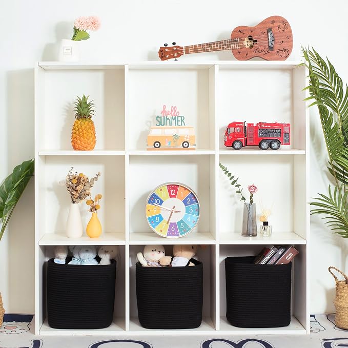 3-Pack 11x11 Inch Cube Storage Bin, Woven Organizer, Closet Cute Square Bins, Decorative Classroom Bathroom Pantry and Shelf Baskets, Full Black (MD-196) - Image 2
