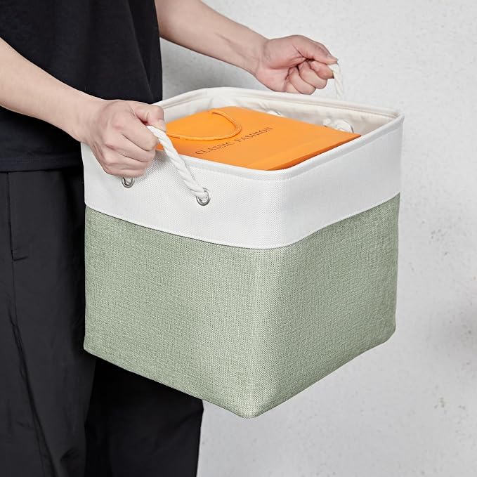 13 Inch 6 Pack Foldable Fabric Storage Cubes with Handles | Home Cube Storage Basket,Large Cube Storage Bins,Closet Storage, Home Organizer(White&Green) - Image 6