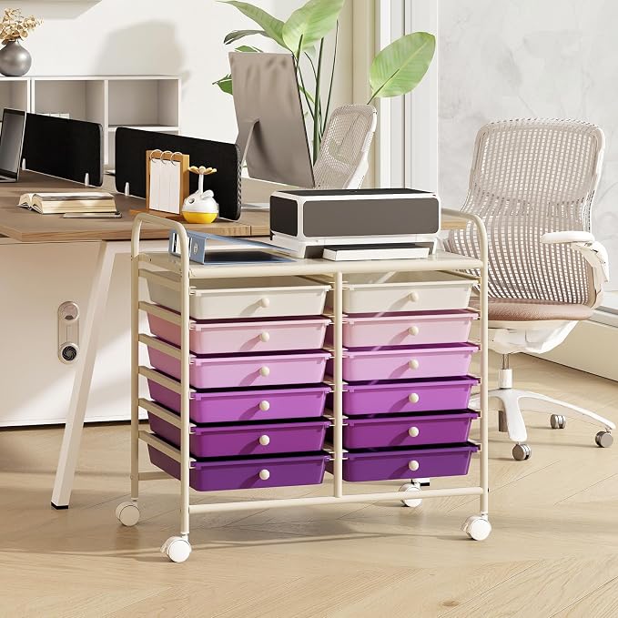 RELAX4LIFE 12-Drawer Rolling Storage Cart - Mobile Utility Cart on Wheels for School Classroom Teacher Office Salon, Paper File Art Supply Craft Organizer, Rolling Cart with Drawers (Gradient Purple) - Image 2
