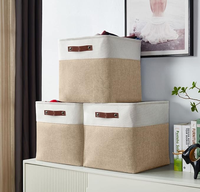 DECOMOMO Cube Storage Bin 12x12, Fabric Storage Bins | 4 Pack, Storage Baskets for Shelves, Kallax Storage Cubes (Beige & White) - Image 9