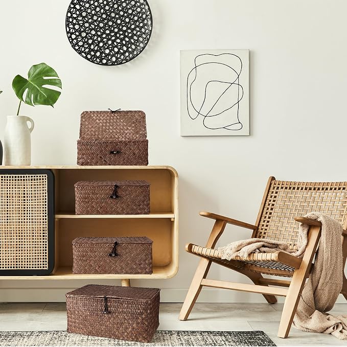 Woanger Set of 4 Wicker Baskets with Lids, Nautral Seagrass Storage Baskets, Woven Rectangular Basket Bins, Rattan Storage Organizer for Shelf Closet Bedroom(Coffee) - Image 6