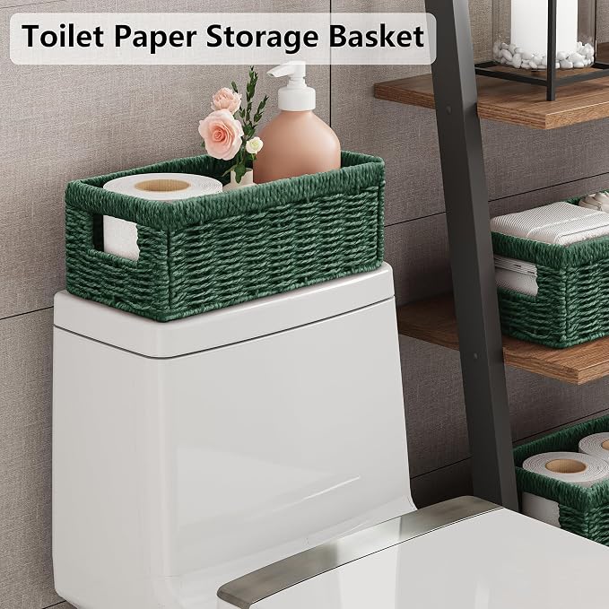 Wicker Storage Basket, Set of 2 Hand Woven Wicker Baskets for Organizing with Handles, Decorative Small Storage Bins for Countertop Toilet Paper Basket for Toilet Tank Top, Shelves, Green - Image 3