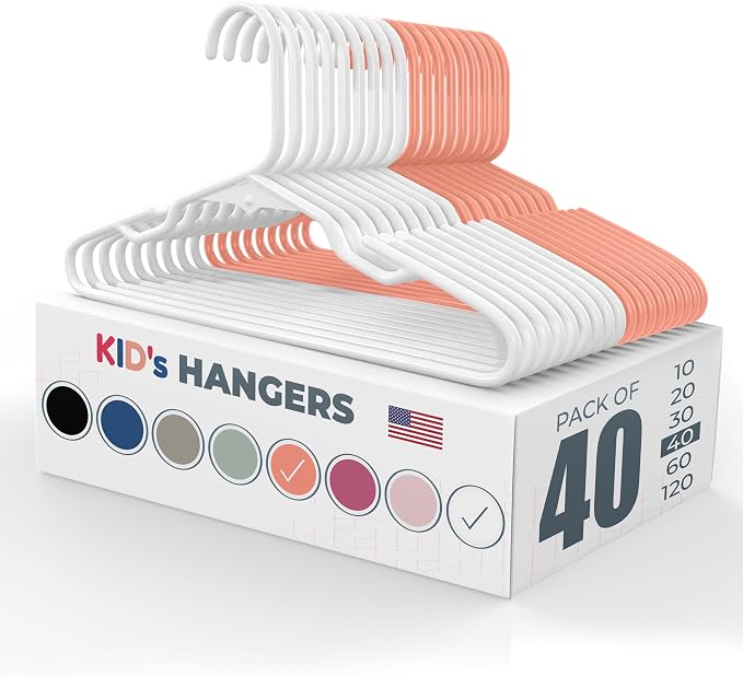 Plastic 12” Kids Hangers 40 Pack – Made in the USA – 5lb Capacity Baby & Toddler Clothes Hangers with Notches & Reinforced Edges – Fits Children’s Sizes Up to 8 – White & Peach by NeatiesHangers