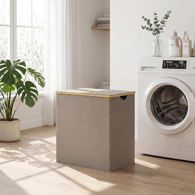 efluky Laundry Hamper with Lid, Double Laundry Basket with 2 Removable Bags, 2 Section Laundry Bin with Bamboo Handles for Bathroom, Bedroom & Laundry Room, 140L (36.9 Gallon) Brown - Image 6