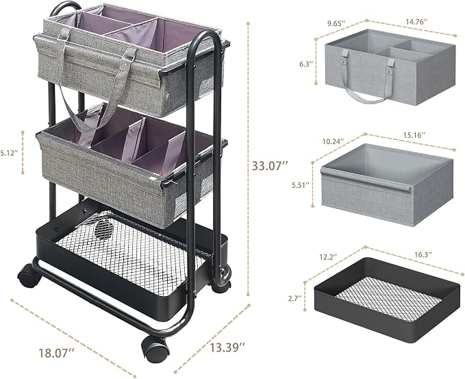 2In1 Baby Diaper Caddy Organizer with Dividers,3-Tier Diaper Rolling Cart,Mobile Metal Utility Cart for Baby Nursery,Baby Bedside Cart, Large Capacity Black - Image 2