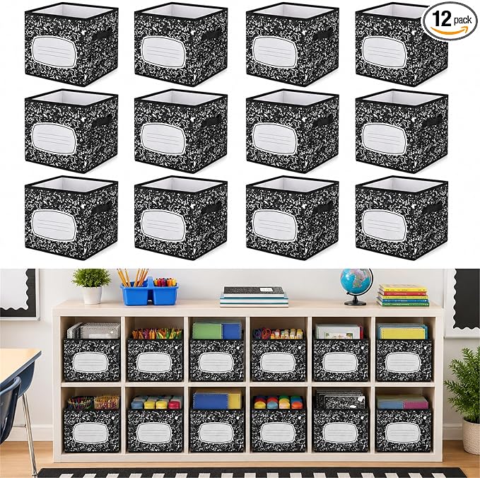 Yookeer 12 Pcs 11 Inch Composition Notebook Fabric Storage Cube Bin with Handle Zebra Print Foldable Classroom Container Cubby Basket for Back to School Decoration Office Home Nursery Organizer by Yookeer