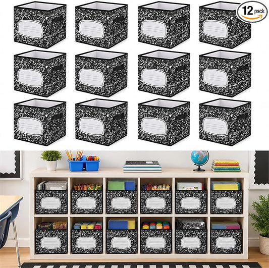 Yookeer 12 Pcs 11 Inch Composition Notebook Fabric Storage Cube Bin with Handle Zebra Print Foldable Classroom Container Cubby Basket for Back to School Decoration Office Home Nursery Organizer by Yookeer