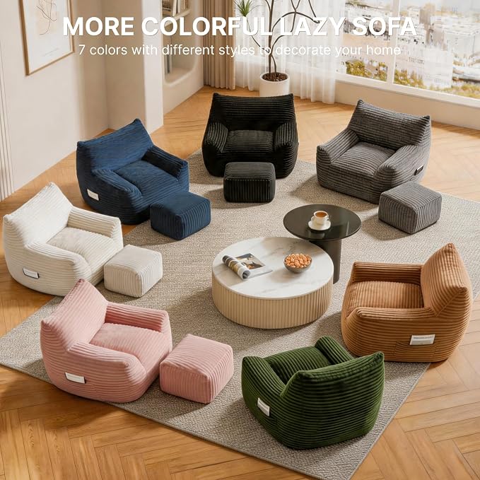 Oversized Bean Bag Chair with Ottoman, Bean Bag Couch with 2 Side Pockets, Corduroy Boneless Couch Chair in a Box, Comfy Lounge Chair for Living Room, Bedroom, Dorm, Pink - Image 7