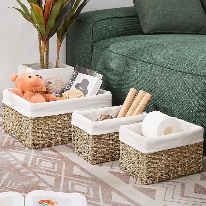 Wicker Basket, Seagrass Wicker Storage Basket with Built-in Handles, Baskets for Organizing, 15'' Large Storage Baskets for Shelves with Liner bathroom organizer (3-Pack Seagrass Baskets Set) - Image 2