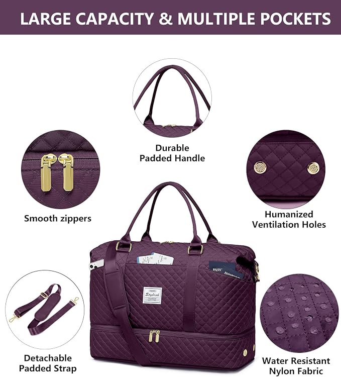 Women Weekender Travel Duffle Bag: Travel Duffel Overnight Bags with Shoe Compartment Carry on Tote Bag Toiletry Bag Weekend Yoga Gym Hospital Bags for Labor and Delivery with Wet Pocket Dark Purple - Image 4