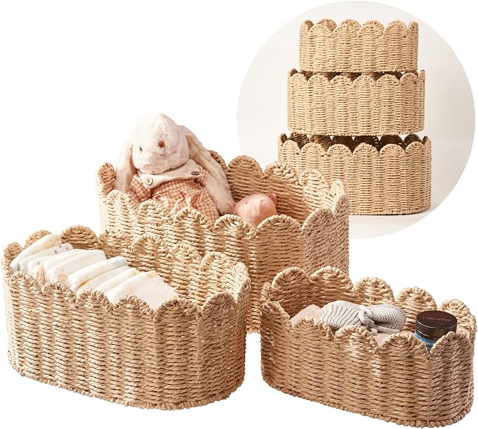 Scalloped Basket Set of 3, Wicker Storage Baskets - Hand-Woven Paper Rope Nursery Organizer for Diaper Caddy, Baby Toys & Shelves, Natural (16x10x7 Inch) by Floramill