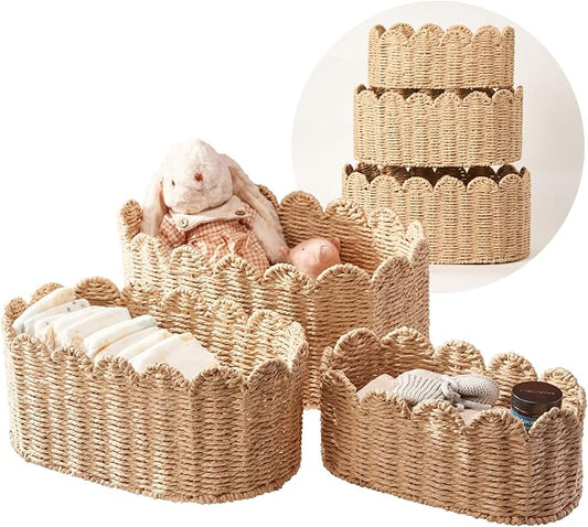 Scalloped Basket Set of 3, Wicker Storage Baskets - Hand-Woven Paper Rope Nursery Organizer for Diaper Caddy, Baby Toys & Shelves, Natural (16x10x7 Inch) by Floramill