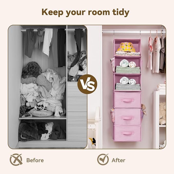 GRANNY SAYS Hanging Closet Organizer, 5 Drawers, 6 Shelves, 6 Pockets, Pink | Hanging Closet Organizer with 5 Different Drawer Designs, 6 Shelves & Reinforced Structure for Organized Small Spaces - Image 6