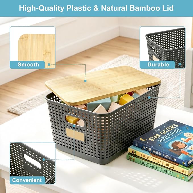 2 Pack Tall Plastic Storage Bins with Bamboo Lids, 10.8qt Stackable Storages Baskets for Organizing Desktop Closet Playroom Classroom Office, 12"L x 8.3"W x 6.1"H, Gray - Image 2