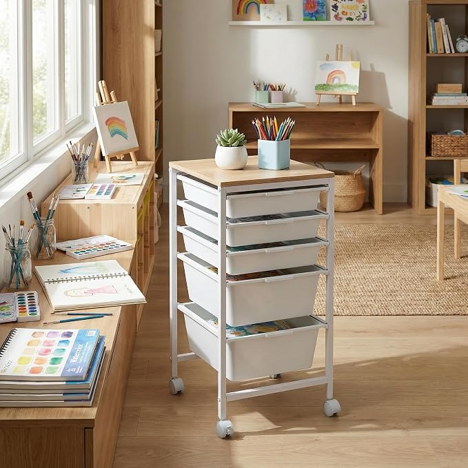 Rolling Storage Cart with 5 Drawers, Plastic Craft Organizer on Wheels with Wooden Top, Mobile Art Supply Utility Cart for Classroom, Home, Office - Image 2