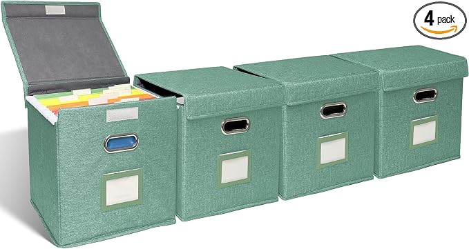 4 Pack Hanging File Folder Box with Lid, Durable Letter Size Filing Storage Box, Sturdy File Holder with Cardboard Support PVC Rails for Office Home Organizer, Green by ComfortKeeper