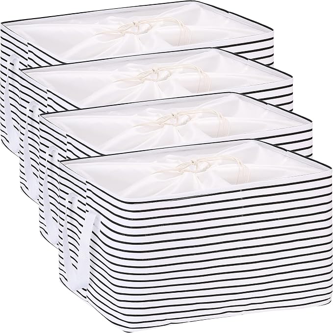 Hinwo 102L XXL Canvas Storage Bin with Lid and Handles, 4-Pack | Collapsible Fabric Baskets, Closet Shelf Organizers, Containers for Clothing, Blankets, Toys, Bedding (Black Stripe) by Hinwo