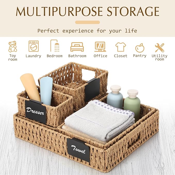 Marsui 9 Pcs Paper Rope Storage Baskets with Handle Labels Handwoven Multi-size Primary Color Storage Bins for Organizing Small Baskets Container for Shelves Closet Pantry Toilet - Image 4
