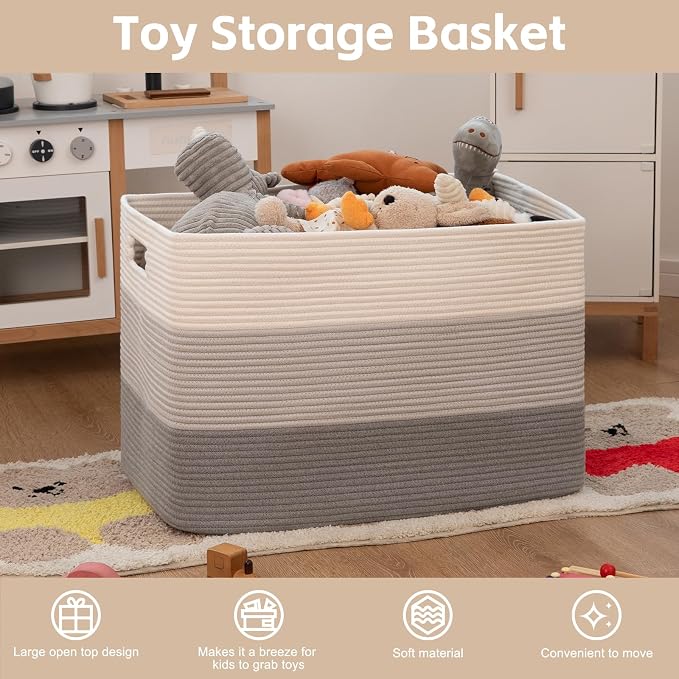 OIAHOMY 118L Extra Large Blanket Basket, Rectangle Woven Cotton Rope Storage Basket, Used for storing Dirty Clothes, Stuffed Animal Toy Storage for Living Room,Kids Room,25" x 17" x 16", Gradient Grey - Image 4