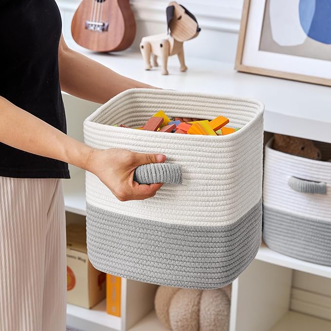 R RUNKA Storage Cube Baskets for Organizing- 3 Pack- 11 inch Square Baskets for Cube Storage, Closet Storage Bins- Woven Cube Storage Bins for Shelves- Ideal for Toy Storage |White & Grey - Image 5