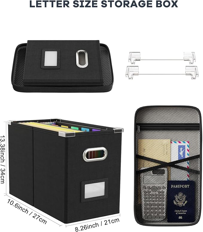 File Organizer Box with Lid, Hanging Filing File Box with Mesh Pocket, Document Organizer Box for Letter Files, Portable Storage Box with Smooth Sliding Rail for Office&Home (2 PCS, Black) - Image 2