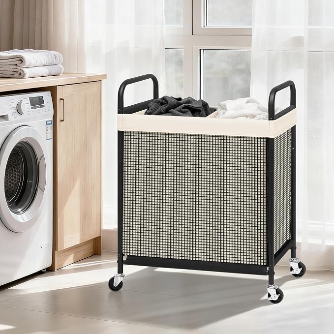 STORAGE MANIAC Rolling Laundry Hamper with Wheels 2-Section Laundry Sorter Rolling Laundrys Basket on Wheels with Removable Bag Clothes Hamper Laundrys Organizer Cart Bathroom Bedroom 100L Beige - Image 2