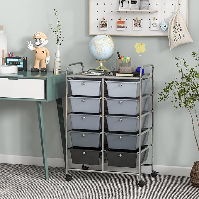 Giantex 10 Drawers Rolling Cart, Classroom Organizers, Storage Cart with Wheels, for Teacher Office Home School Supplies Tool Craft Art Paper, Black Gradient - Image 2