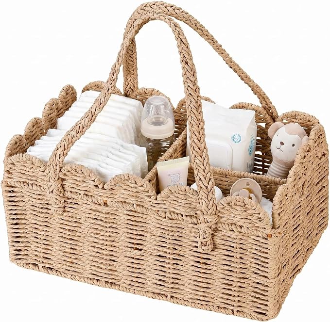 Large Scalloped Paper Rope Diaper Caddy, Nursery Storage Basket with Removable Divider & Handle, Portable Car Organizer for Baby, Newborn Essentials Must Haves by Whensimplicitymeetscomfort