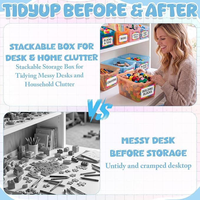 Funrous 24 Pack Plastic Cubby Bins for Classroom, Stackable Storage Bins with Rainbow Labels and Handles Cubby Organizer Containers for Teacher Supplies Home Office Daycare and Playroom (Blue) - Image 6