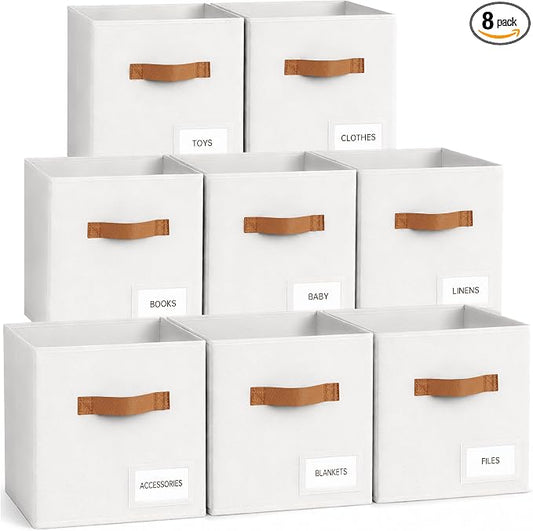 Storage Cubes 8 Pack, 11 Inch Fabric Storage Cubes Organizer Bins with Labels, Odor-Free & Sturdy PP Structure, Cubby Baskets for Closet, Shelves, Toys & Nursery (White) by Unknown