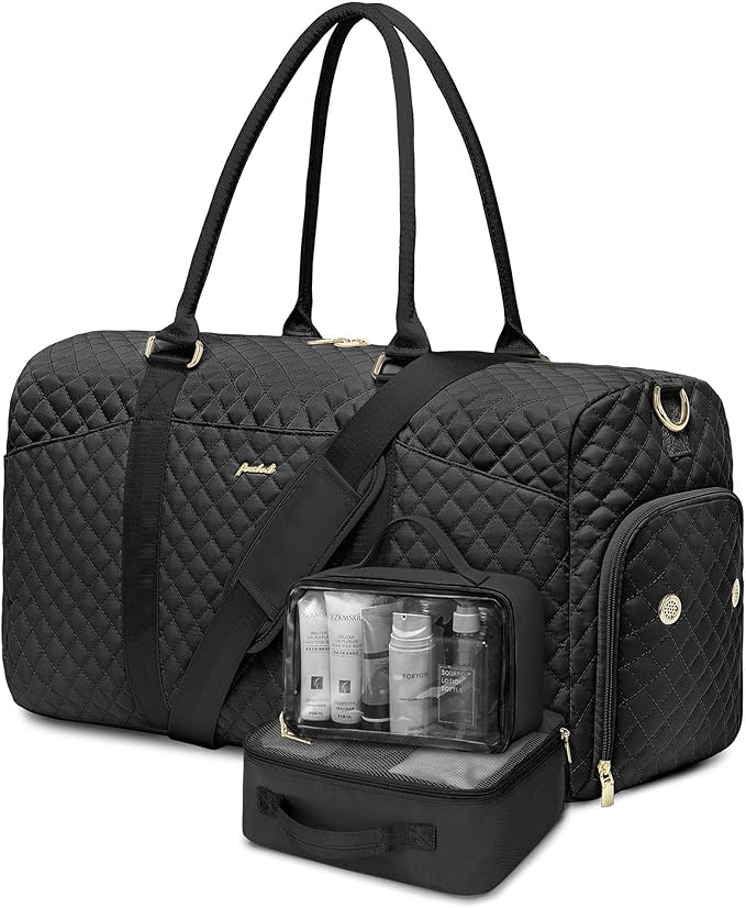 Women Weekender Travel Duffle Bag: Travel Duffel Overnight Bags with Shoe Compartment Large Carry on Tote with 2 Toiletry Bags Weekend Traveling Yoga Gym Hospital Bag for Womens with Wet Pocket Black by FOCDOD