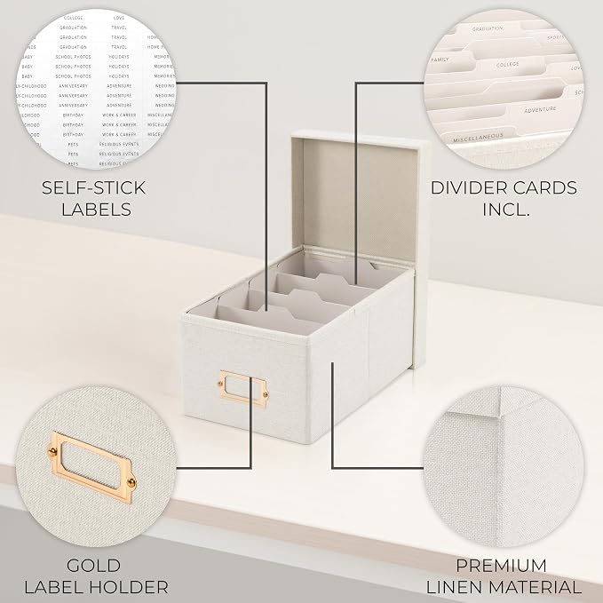Decorative Photo Storage Box - Sturdy Linen Organizer Holds 850 4x6 Photos | Organizer with Dividers Stores Up to 850 Pictures - Portable Scrapbook Storage Containers with Lid - Image 6
