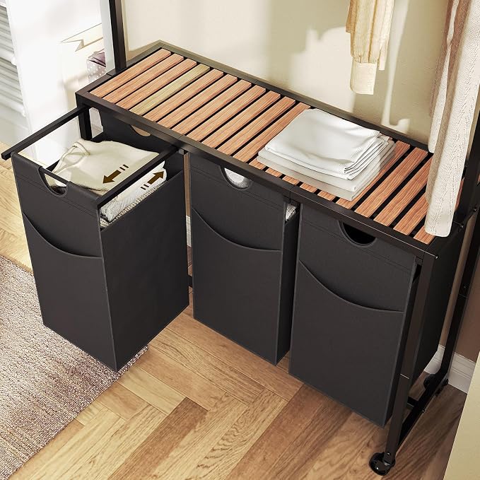 Laundry Sorter 3 Section, Rolling Laundry Hamper with Hanging Rack, Laundry Sorter with Wheels, Hampers for Laundry, Laundry Basket Organizer for Laundry Room, Rustic Brown LS37BR - Image 5