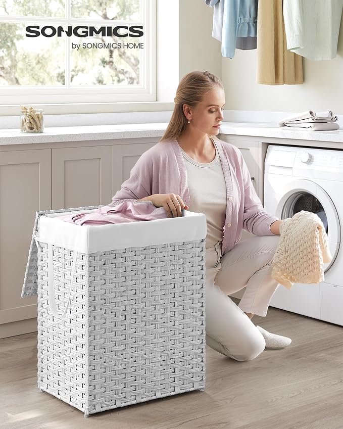 SONGMICS Laundry Hamper with Lid, 23.8 Gal (90 L) Synthetic Rattan,Foldable | Clothes Laundry Basket with Handles, Removable Liner, Cloud White, ELIOTT Collection ULCB165W01 - Image 2