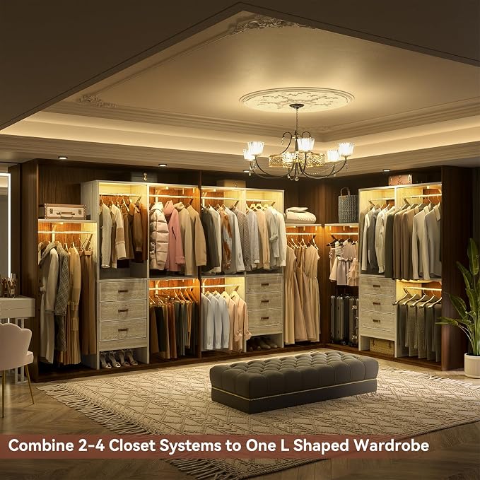 5FT Small Closet System with 3 Fabric Drawers, 60'' Walk In Closet Organizer System With 3 Adjustable Shelves, Heavy Duty Clothes Rack Built-In Garment Rack, 59" L x 16" W x 71"H, White Oak - Image 4