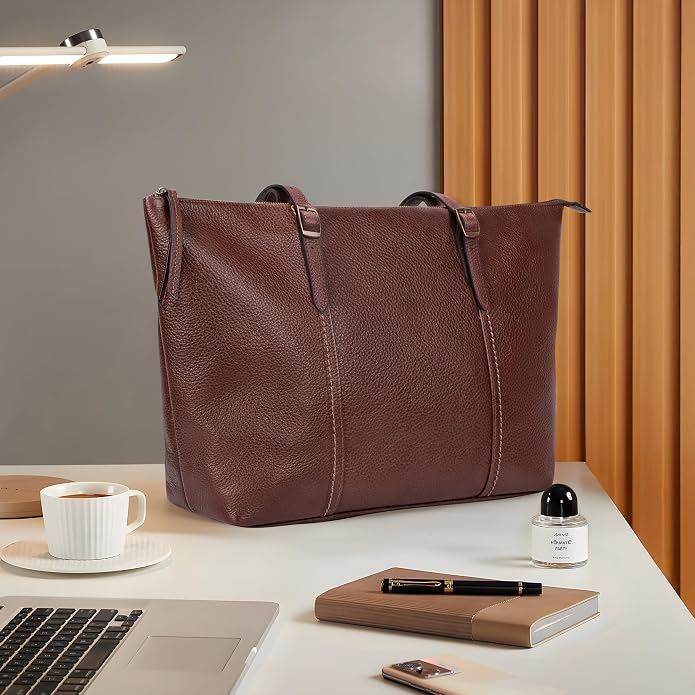 befen Vintage Genuine Leather Work Tote Bag for Women, Tote Bag with Zipper | Large Tote Bag with Zipper Leather Purse and Handbags with Compartment, Vintage Genuine Leather Work Tote Bag for Women - Image 3