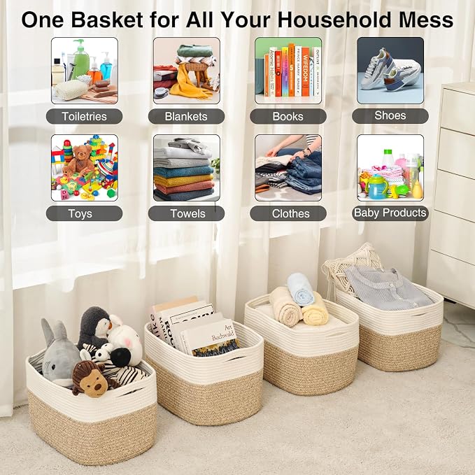 ICERZCZ Woven Cotton Rope Storage Baskets for Organizing & Shelves, Organization Bins for Dog Toys, Clothes, Books, Nursery Organizer, 15"x11"x9", Off White & Mixed Brown (4 Packs) - Image 3