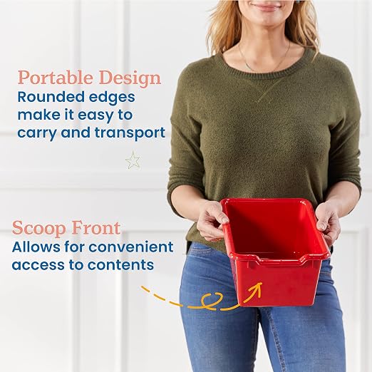 ECR4Kids Scoop Front Storage Bin, Multipurpose Organization, Red, 5-Piece | Durable plastic, GREENGUARD Gold Certified, 1.2 gallon capacity, lightweight & nestable, built-in handle, classroom/home use - Image 4