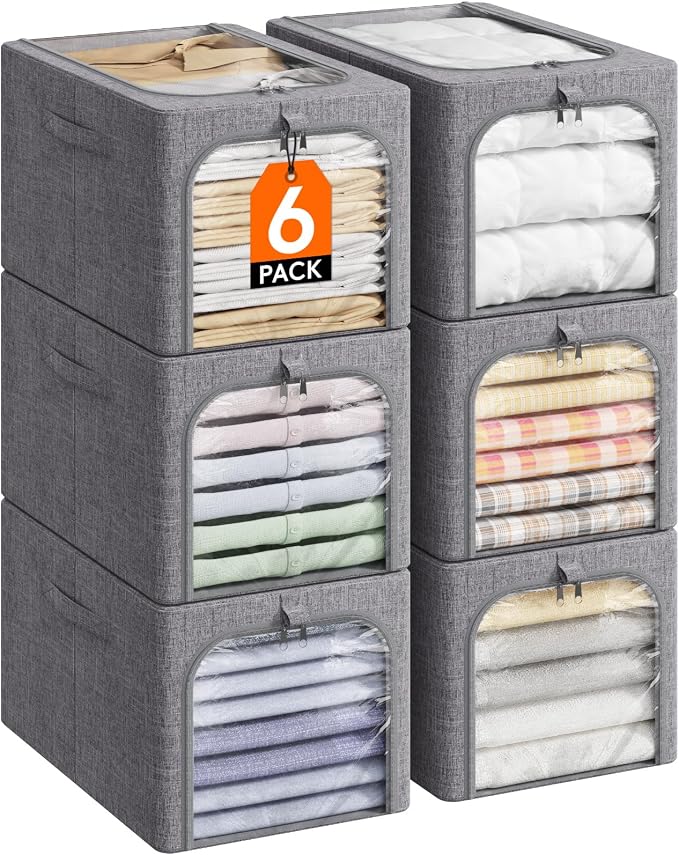 Lifewit Clothes Storage Bins with Metal Frame 6 Pack, Fabric Stackable Storage Bags with Lids, Zipper, Foldable Clost Organizers Containers for Clothing, Blanket, Winter Cloth, 40L by Lifewit