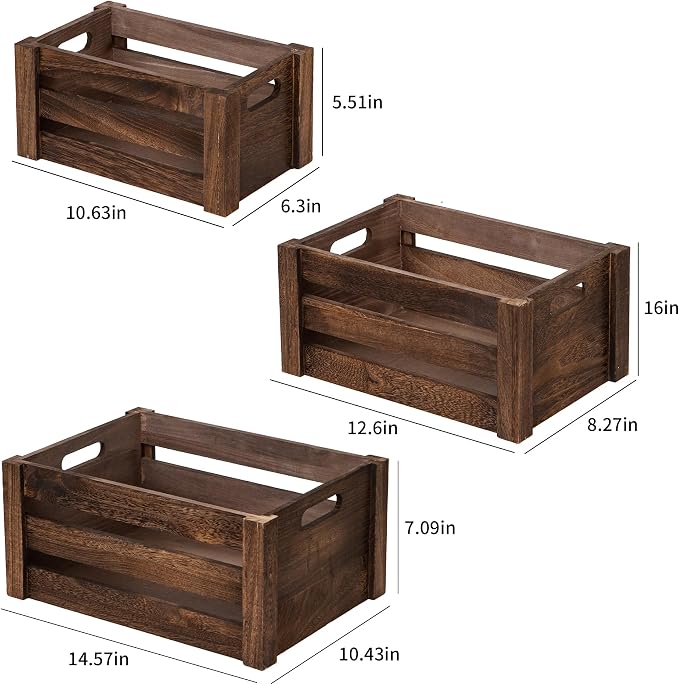 Set of 3 Nesting Wooden Crates, Small Rustic Farmhouse Wood Storage Boxes with Handles, Stackable Compact Organizer Bins for Kitchen Bathroom Bedroom Decor, 3 Sizes (Retro Brown) - Image 2