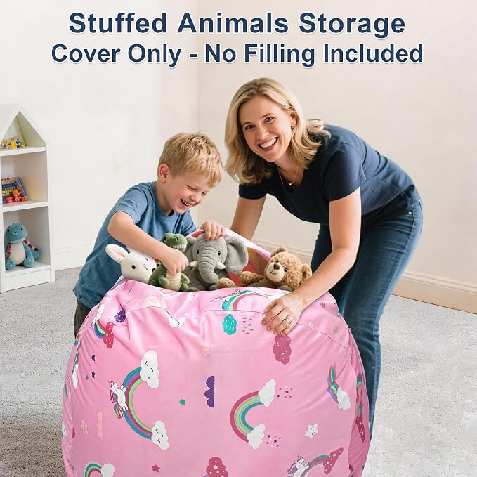 Lukeight Unicorns Stuffed Animal Storage Bean Bag Chair Cover for Kids, Velvet Plush Toy Organizer Seat, Cover Only, No Filling Included, Long YKK Zipper, Side Pocket, X-Large 30"D x 18"H - Image 4