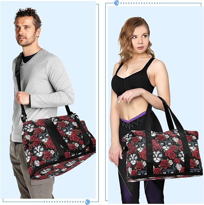 Travel Duffel Tote Bag Gothic Skull Cat Rose Sports Duffel Bag with Wet Pocket Weekender Overnight Bag for Women Men Gym Bag, Carry On Bag Hospital Bag for Labor and Delivery - Image 4