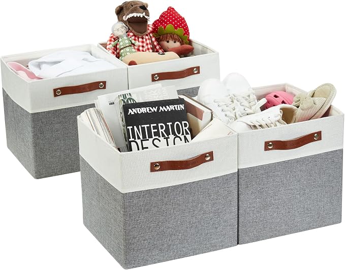 DECOMOMO Fabric Cube Storage Bins, Storage Baskets for Shelves 4 Pack | 13 inch Cube Storage Organizer for Kallax and Cubbies (Grey & White) by DECOMOMO