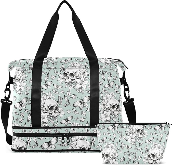 MNSRUU Travel Duffel Tote Bag Vintage Goth Skull Sports Duffel Bag with Wet Pocket Weekender Overnight Bag for Women Men Gym Bag, Carry On Bag Hospital Bag for Labor & Delivery - Image 8